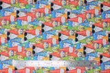 Flat swatch garden gnome themed fabric in stacked gnomes (cartoon garden gnome collage blue/red/orange/green hatted garden gnomes in various styles, sunglasses, etc.)