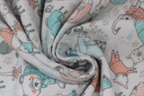 Swirled swatch sleepy animals fabric (white fabric with assorted drawn animals wearing 2-piece pj sets in blue and pink, sloths, bears, bunnies, geese, etc. and tossed stars, alarm clocks, moons, etc.)
