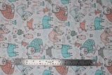 Flat swatch sleepy animals fabric (white fabric with assorted drawn animals wearing 2-piece pj sets in blue and pink, sloths, bears, bunnies, geese, etc. and tossed stars, alarm clocks, moons, etc.)