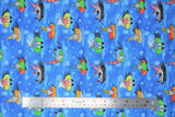Flat swatch garden gnome themed fabric in gnomes swimming (medium blue marbled water look fabric with cartoon garden gnomes on floating tubes, assorted colours)