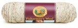 A ball of Lion Brand Fisherman's Wool in colourway Birch Tweed (heathered beige with dark brown flecks)