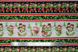 Flat swatch Stripe fabric (horizontal christmas themed stripes black with red and green stockings, white stripes with snowmen, red and white thin separating stripes, holly graphics, etc.)