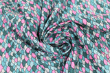 Swirled swatch blue scales fabric (scalloped/scales pattern throughout in blues, teal, pink colourway)