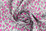 Swirled swatch grey scales fabric (scalloped/scales pattern throughout in white, greys, dark pink colourway)