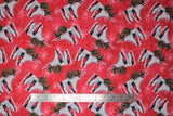 Flat swatch Ice Skates fabric (red marbled look fabric with tossed white snowflakes, pairs of white figure skates with green holly sticking out of foot holes)