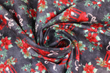 Swirled swatch Candles fabric (black and grey marbled look fabric with busy tossed green and red holly and poinsettia clusters and tossed red candle lanterns)