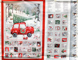 Full panel swatch - Car Panel (46" x 35") (advent panel with 24 small rectangles with christmas related elements within, one large square graphic above showing a red car with a snowy tree on the roof)