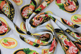 Swirled swatch Platter fabric (grey fabric with tossed black and yellow platters with colourful sushi inside)
