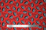 Flat swatch Pot fabric (bright red fabric with tossed black kettle pots allover)