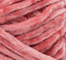Swatch of Bernat Velvet yarn in shade terracotta rose (pale medium pink/orange)