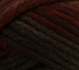 Swatch of Bernat Softee Chunky ombre yarn in shade terra cotta mist ombre (dark brown, burgundy, oranges colourway)