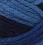 Swatch of Bernat Softee Chunky ombre yarn in shade denim ombre (medium to dark blues colourway)