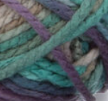Swatch of Bernat Softee Chunky ombre yarn in shade shadow ombre (grey, tan, teal, purple colourway)