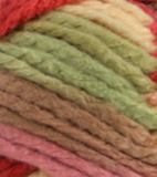 Swatch of Bernat Softee Chunky ombre yarn in shade summerset ombre (beige, brown, dusty rose, green, red colourway)