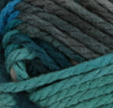 Swatch of Bernat Softee Chunky ombre yarn in shade deep waters (teal to dark blues ombre colourway)
