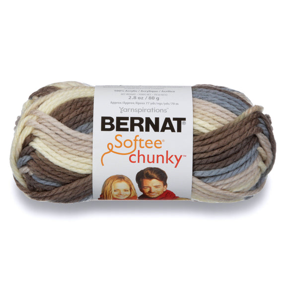 A ball of Bernat Softee Chunky ombre yarn in shade nature's way ombre (cream, beige, tan, brown, pale blue colourway)