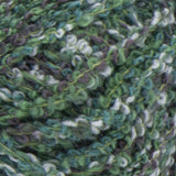 Swatch of Bernat Tweedie yarn in shade pine forest (green/yellow/light and dark purple colourway with tweed like texture)