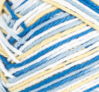 Sunkissed Ombre (royal blue, light blue, light yellow, white) variegated swatch of Bernat Handicrafter Cotton