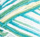 Mod Ombre (mid green, bright turquoise, light yellow, white) variegated swatch of Bernat Handicrafter Cotton