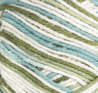 Emerald Isle (light turquoise, olive green, off white) variegated swatch of Bernat Handicrafter Cotton