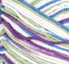 Fruit Punch Ombre (bright purple, light green, mid blue, white) variegated swatch of Bernat Handicrafter Cotton