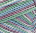 Freshly Pressed Ombre (mid mauve, mid green, denim blue) variegated swatch of Bernat Handicrafter Cotton