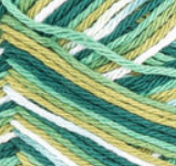 June Bug Ombre (forest green, mid green, light olive green, white) variegated swatch of Bernat Handicrafter Cotton