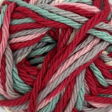 Full bloom (grey, rose, pale turquoise, cranberry colourway) variegated swatch of Bernat Handicrafter Cotton