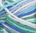 Neptune Ombre (bright blue, soft blue, bright green, white) variegated swatch of Bernat Handicrafter Cotton