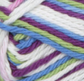 Fruit Punch Ombre (white, bright purple, soft green, mid blue) variegated swatch of Bernat Handicrafter Cotton