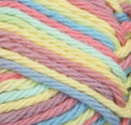 Candy Sprinkles Ombre (yellow, dusty pink, light mauve, mid blue) variegated swatch of Bernat Handicrafter Cotton