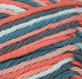 Coral Seas Ombre (coral, pale coral, teal, turquoise, off white) variegated swatch of Bernat Handicrafter Cotton