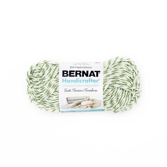 Small ball (42.5g) of Bernat Handicrafter Cotton Twists in colourway Green Twists (olive green, pale green, white)
