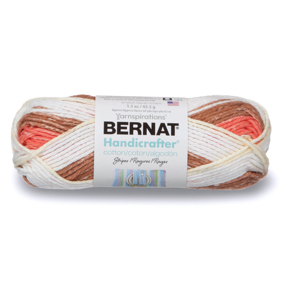 Small ball of Bernat Handicrafter Stripes in colourway Natural Stripes (coral, mid brown, ivory, white)