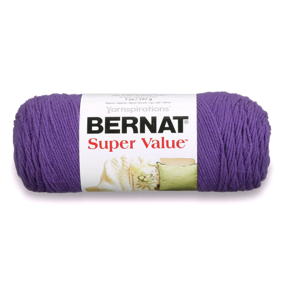 A ball of Bernat Super Value yarn in purple shade on white background