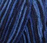 Swatch of Bernat Super Value yarn in shade Denim Ombre (light to dark blue colourway)
