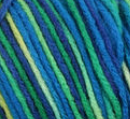 Swatch of Bernat Super Value yarn in shade Whirlpool (medium and dark blue, green, yellow colourway)