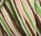 Swatch of Bernat Super Value yarn in shade Hiking (white, pale pink, green, brown colourway)