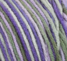 Swatch of Bernat Super Value yarn in shade Fresh Lilac (light to medium purples, white, pale olive colourway)