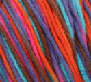 Swatch of Bernat Super Value yarn in shade Sedona Sunset (aqua, purple, red, hot pink, brown colourway)