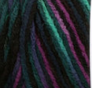 Swatch of Bernat Super Value yarn in shade Violet Twilight (medium and dark purple, black, navy, aqua colourway)
