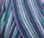 Swatch of Bernat Super Value yarn in shade Luxury Ombre (medium purple, pale blue, aqua, dark blue/teal colourway)