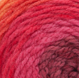 Swatch of Bernat Pop! yarn in shade scarlet sizzle (orange, pink, red, purple colourway)