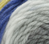 Swatch of Bernat Pop! yarn in shade planetary (blue/grey shades, pale green colourway)