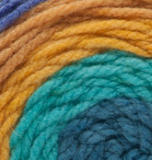 Swatch of Bernat Pop! yarn in shade gold rush river (bright blues, tan, gold colourway)