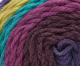 Swatch of Bernat Pop! yarn in shade paisley pop (navy, olive, teal, purple, wine colourway)