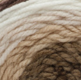 Swatch of Bernat Pop! yarn in shade hot chocolate (white, light beige, tan, brown colourway)