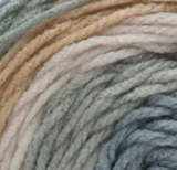 Swatch of Bernat Pop! yarn in shade foggy nation (pale greys, blue greys, tan colourway)