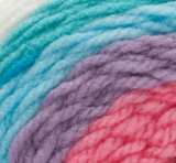 Swatch of Bernat Pop! yarn in shade snow queen (white, teal, turquoise, pale purple, rose pink colourway)