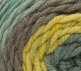 Swatch of Bernat Pop! yarn in shade radical botanical (faded teal, blue grey, dark grey, lime, dark blue grey colourway)